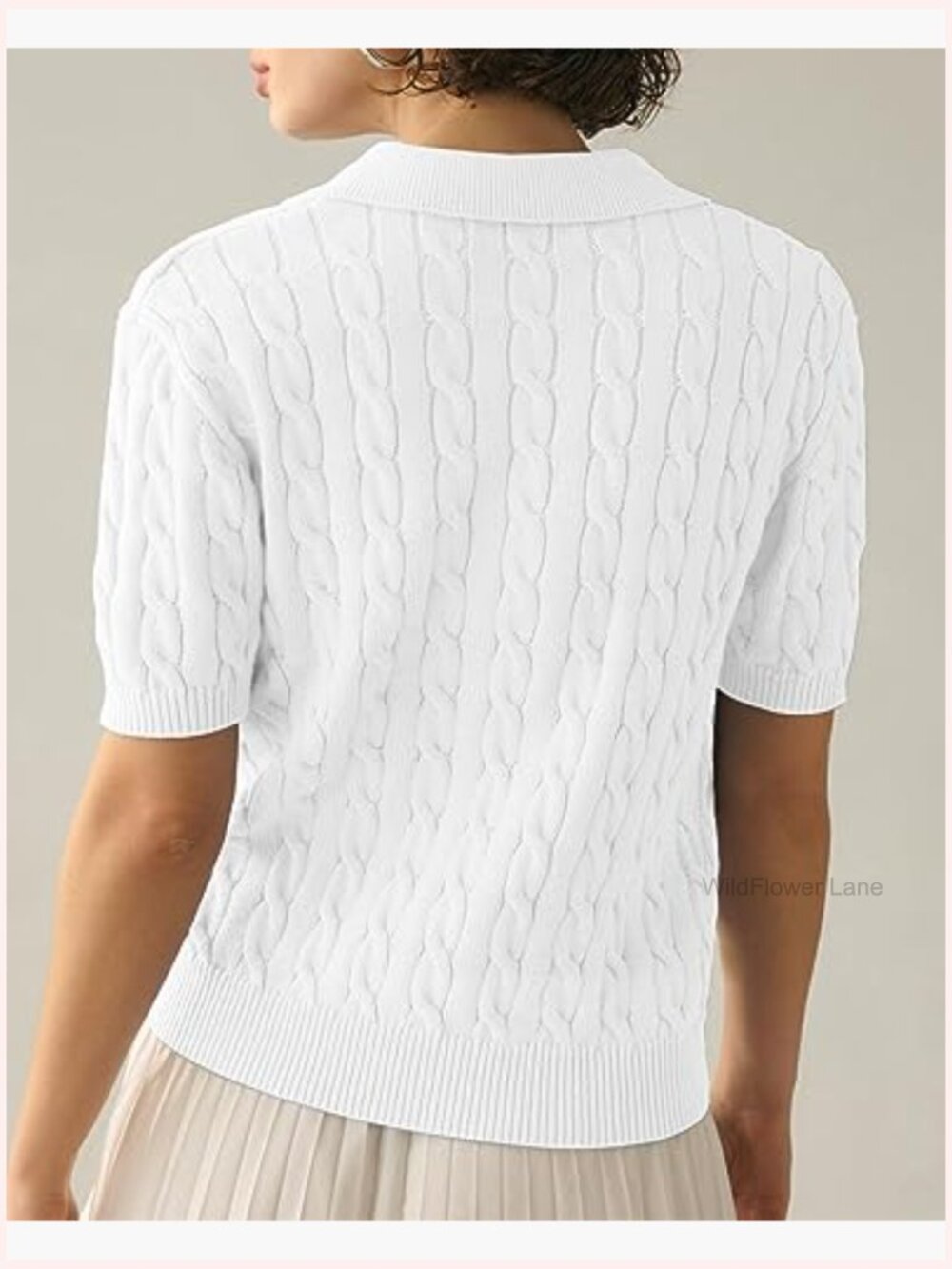 Short Sleeve V-Neck Cable Knit Sweater Top Soft Pullover - Picture 3 of 7
